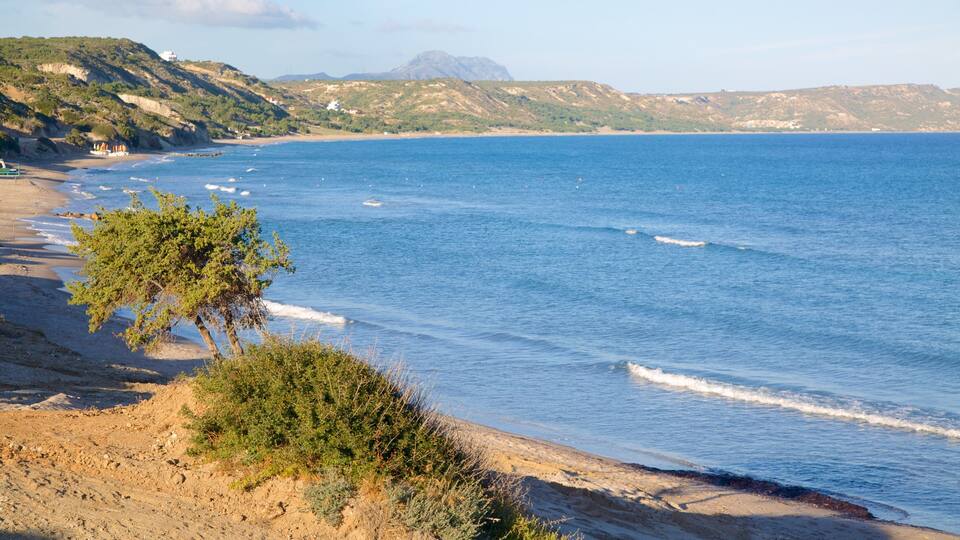 A coastal landscape with a sandy beach, green vegetation, and a mountain in the background.