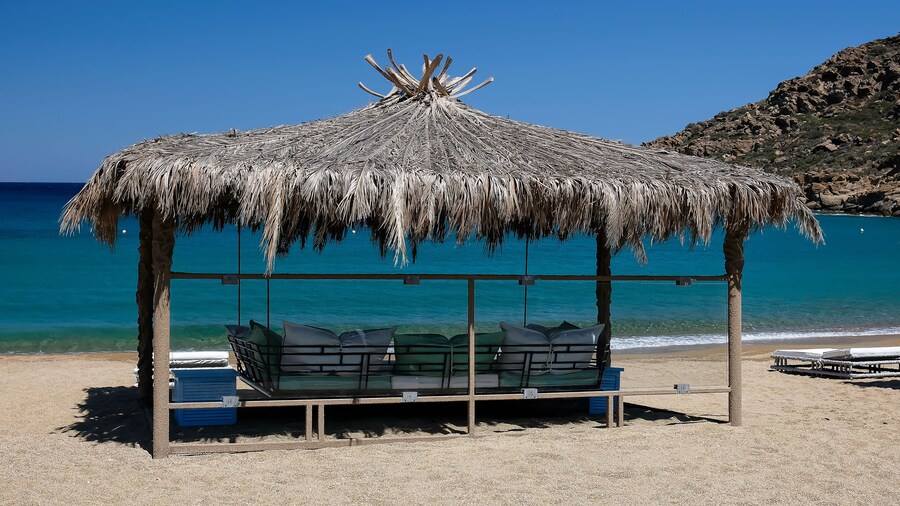 View of a giant luxury sun bed at the Papas beach in Ios Greece