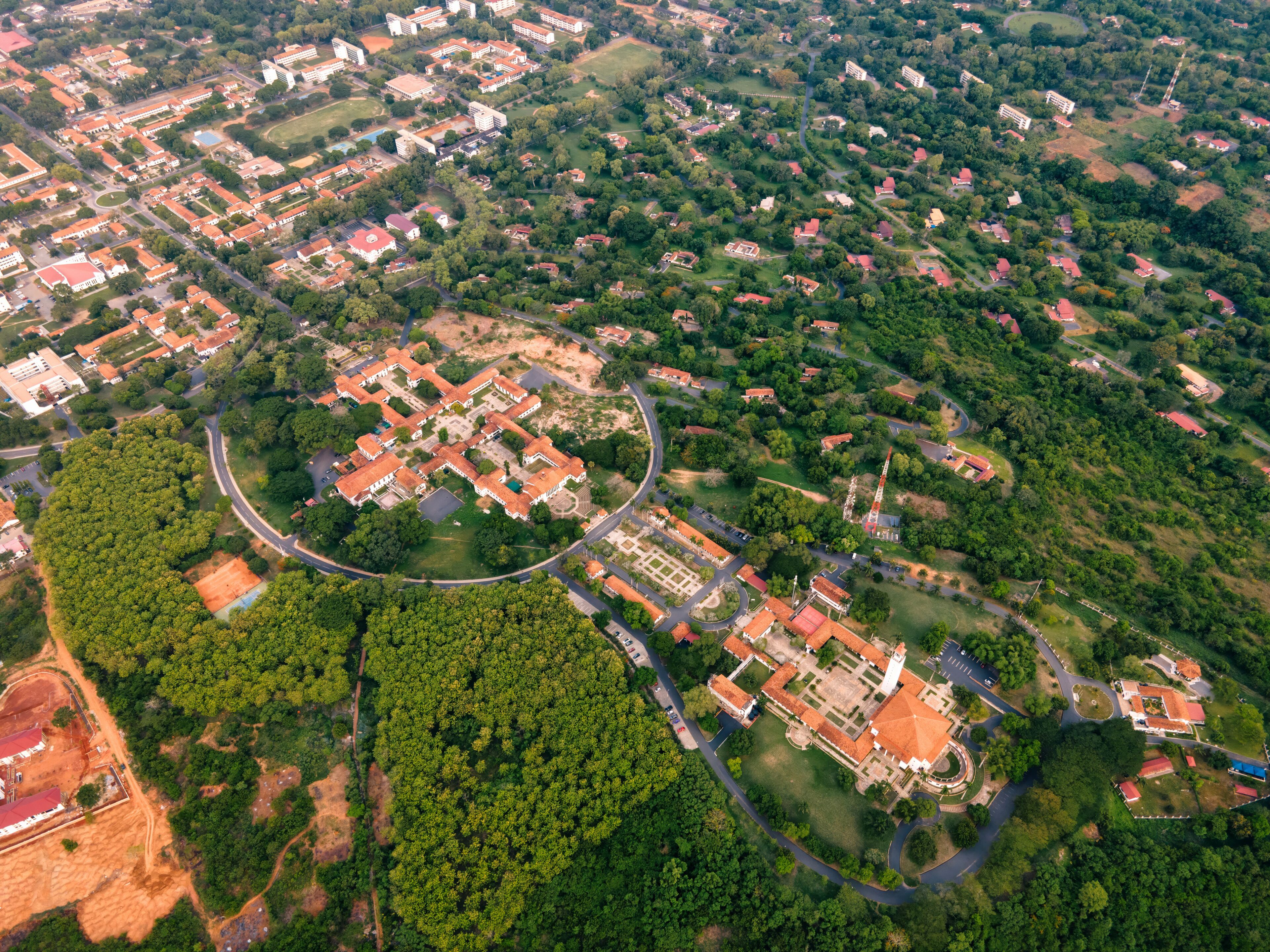 Aerial view of the Main Administration and Commonwealth Hall at the University of Ghana, Legon.