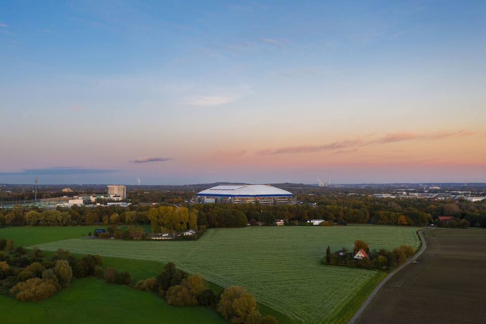 Een stadion omringd door groene velden en bomen, met een heldere lucht en gebouwen in de verte.