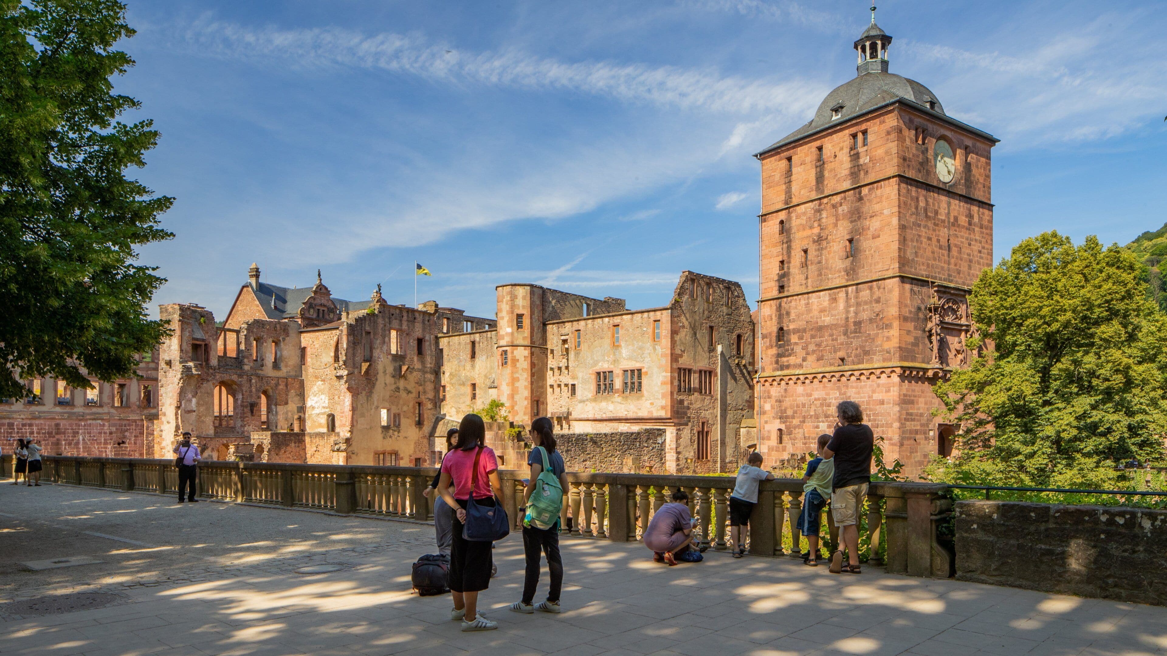 Heidelberg Castle showing heritage architecture as well as a small group of people