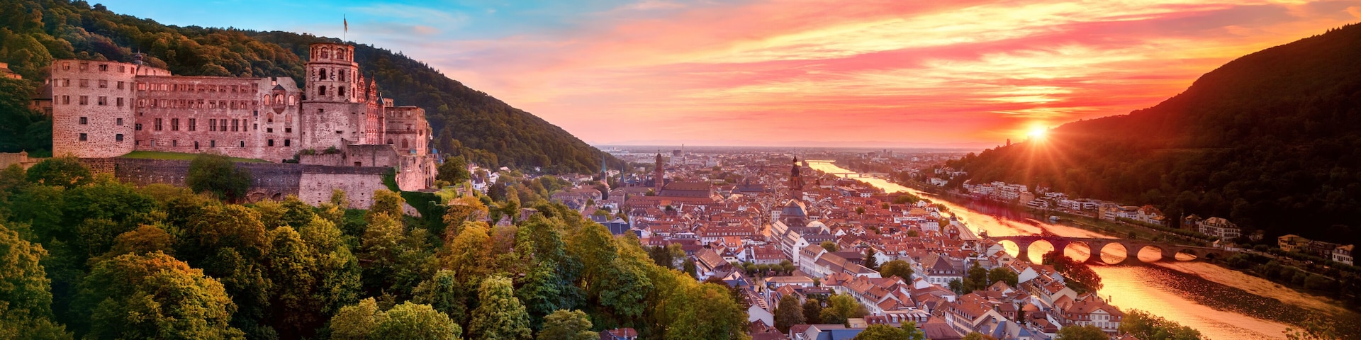 Magnificent aerial panoramic view of Heidelberg, Germany, at a spectacular sunset with dreamy colors