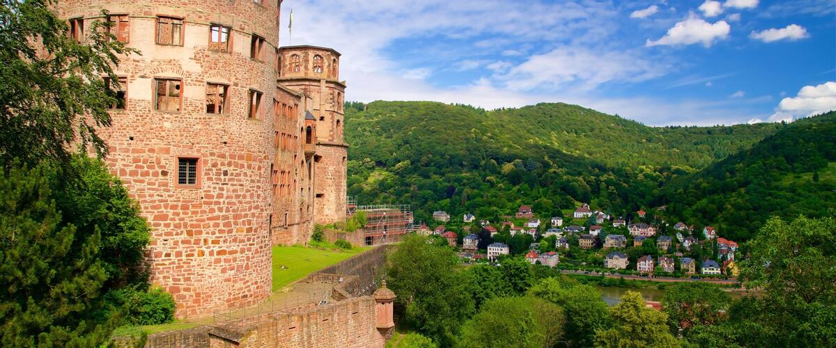 A historic castle with a round tower, surrounded by lush greenery and a village in the valley.