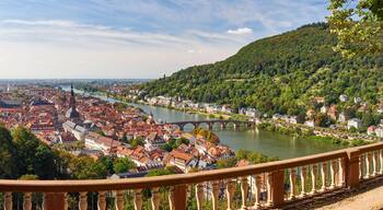 Eine historische Stadt mit einem Fluss, einer Brücke und einer Burg auf einem Hügel.