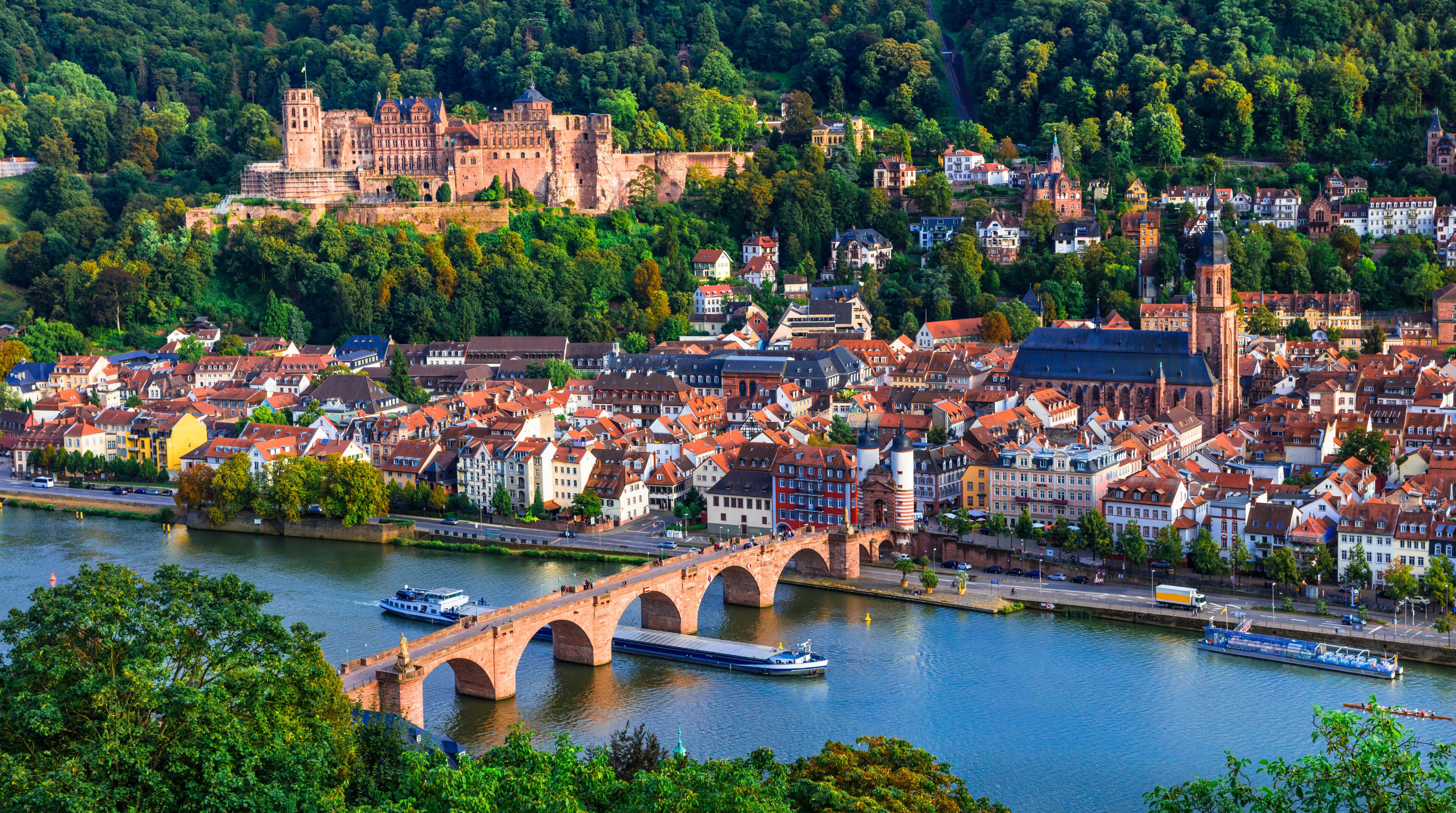 A riverside town with historic buildings, a prominent castle, and a bridge.