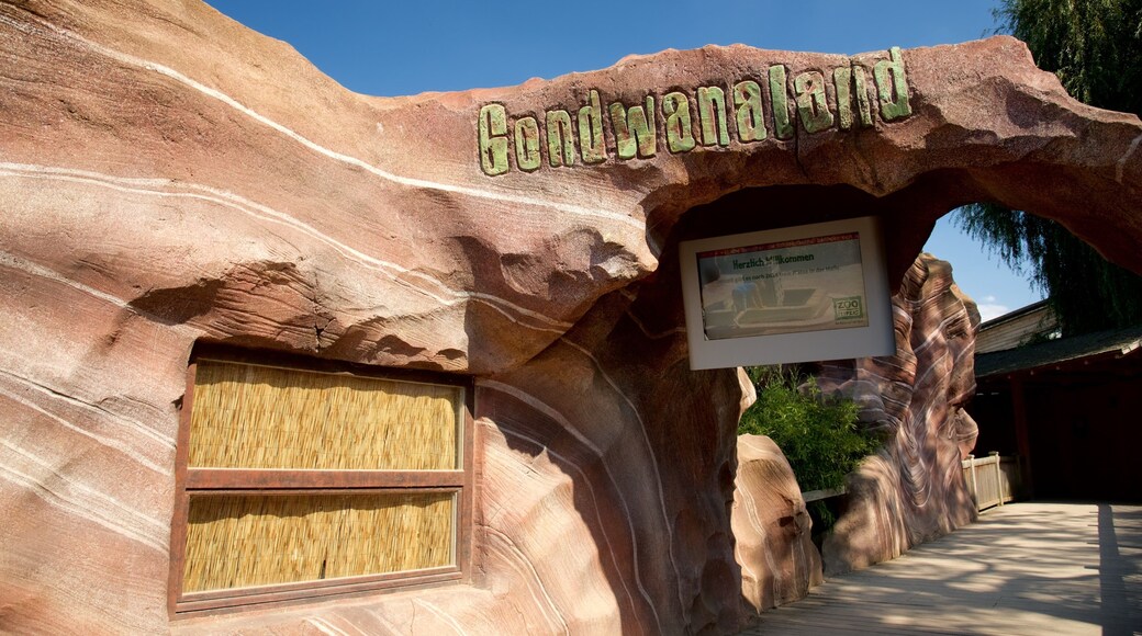 Leipzig Zoo which includes signage and zoo animals