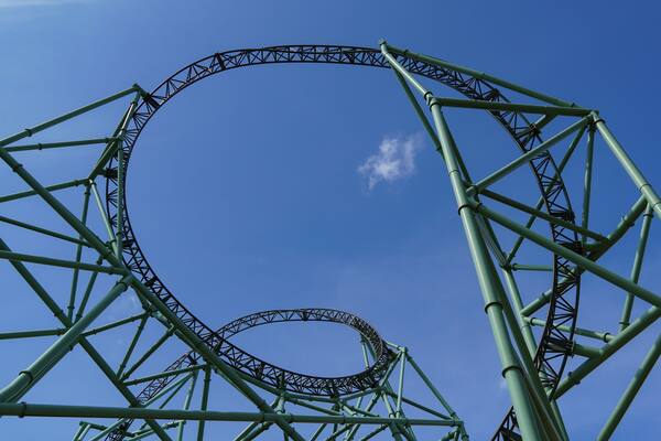 Sierksdorf, Germany - April.30.2022: Green-coloured rollercoaster track and huge construction of an extreme coaster at "Hansa-Park" in Germany