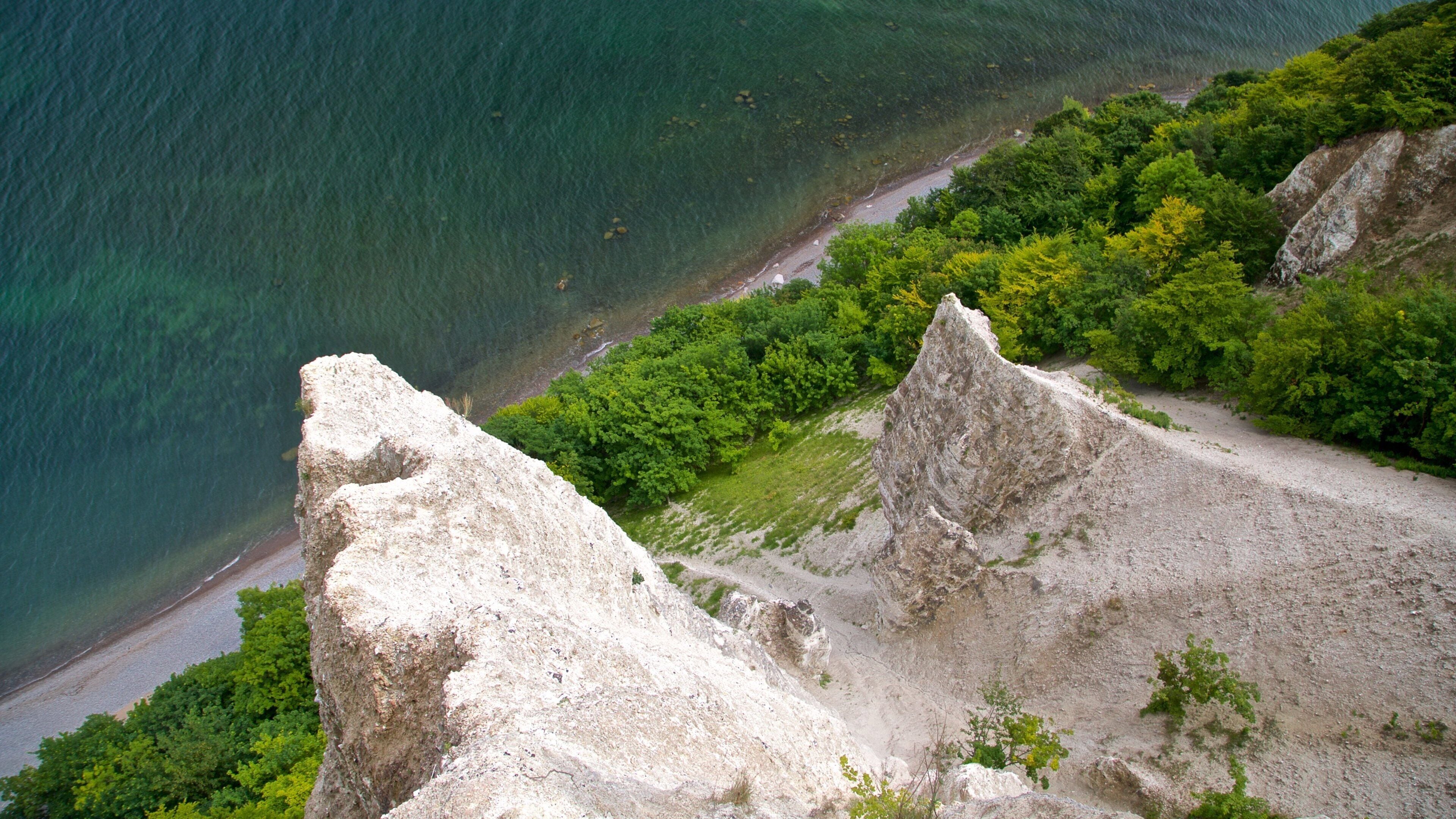 A coastal cliff with a beach and dense greenery.