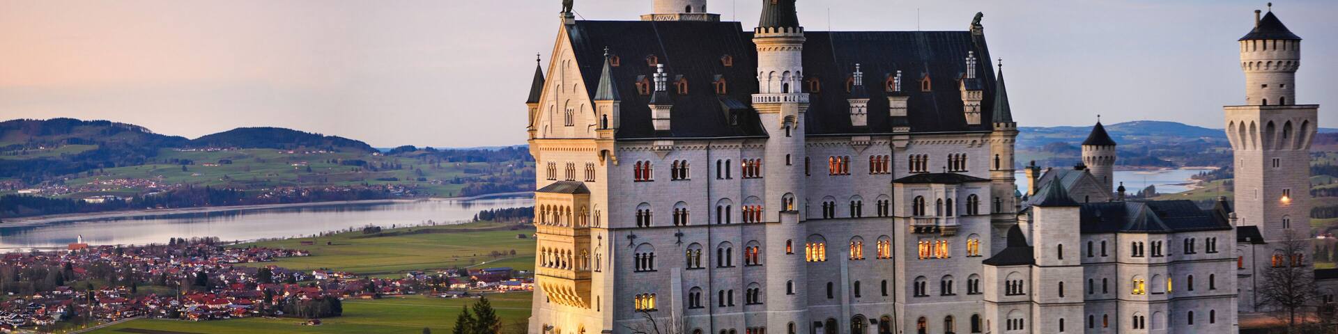 Germany, Bavaria, 23.12.2014. Neuschwanstein castle at dusk from above.