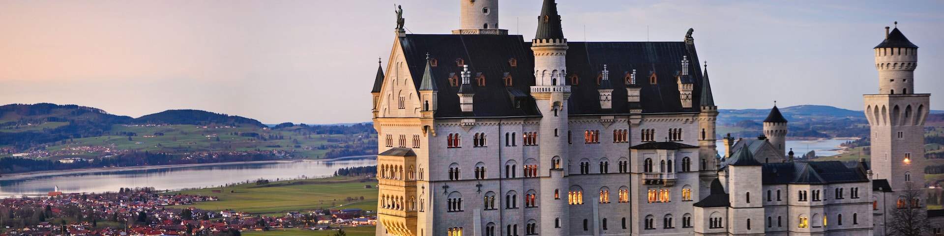 Germany, Bavaria, 23.12.2014. Neuschwanstein castle at dusk from above.