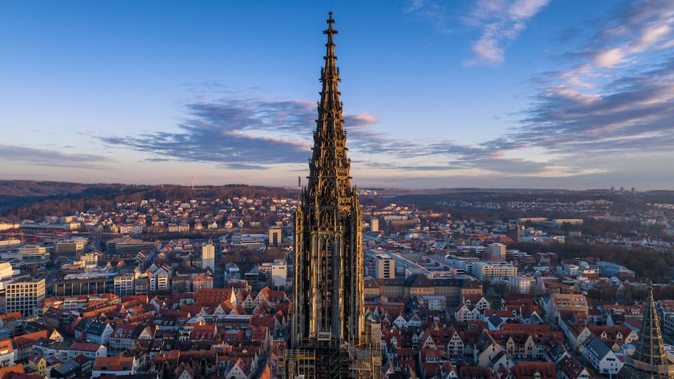 Aerial shot taken with a drone of Ulm Minster at sunrise