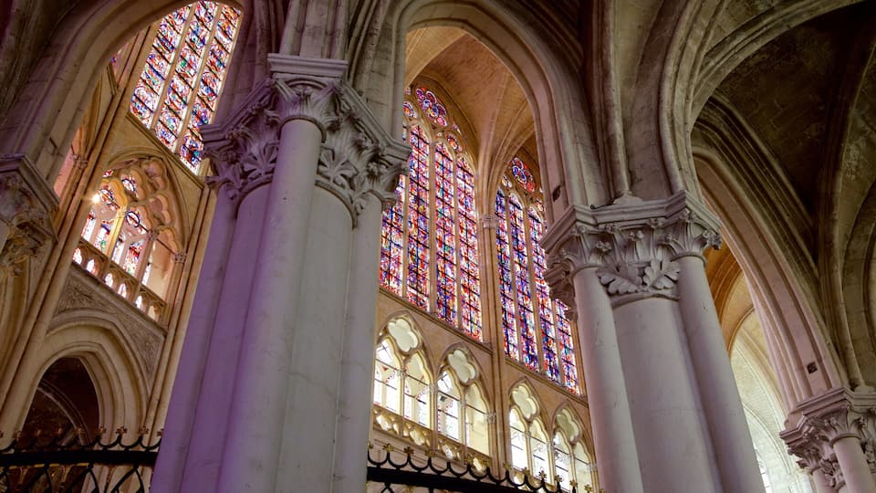A cathedral interior with Gothic architecture, stained glass windows, and white columns.