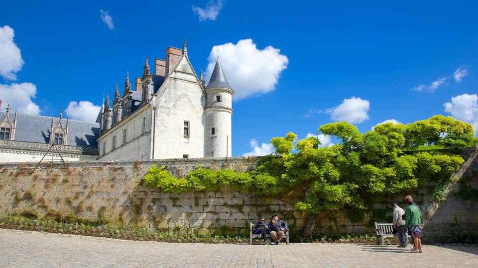 A historic castle with a tower, surrounded by stone walls and lush greenery.