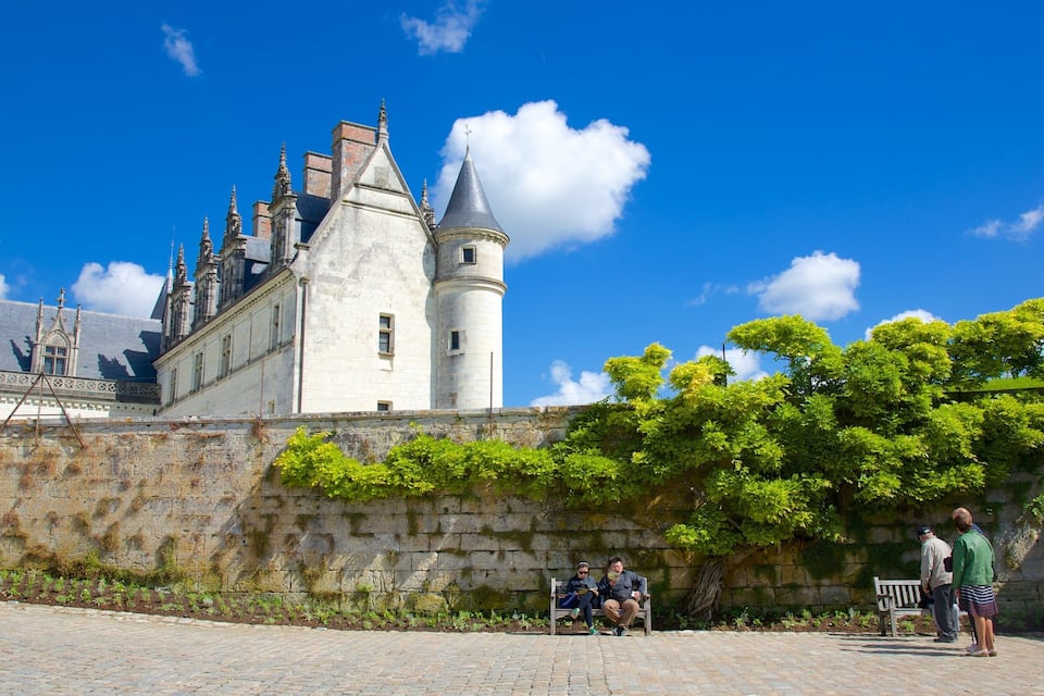 Un château historique doté d’une tour, entouré de murs de pierre et d’une végétation luxuriante.