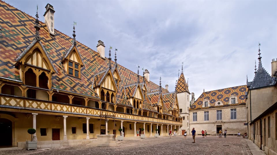 Un bâtiment historique doté de toits colorés en tuiles et d’une architecture gothique.