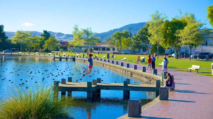Lake Rotorua featuring a lake or waterhole and a garden as well as a small group of people