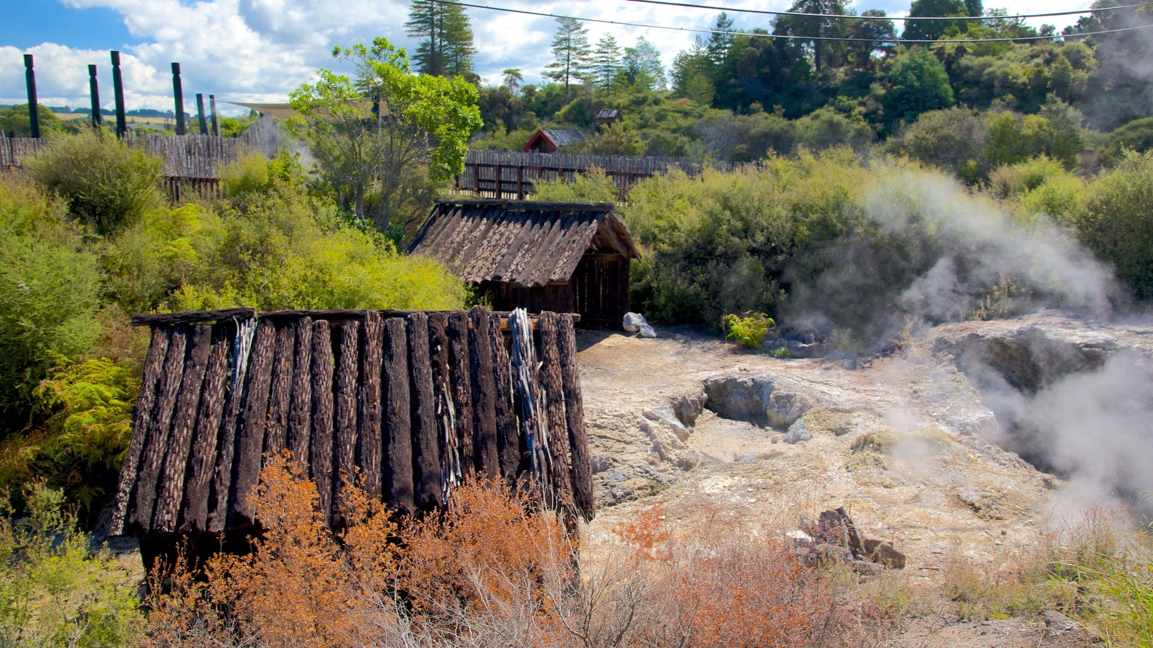 A rustic wooden structure with a thatched roof, surrounded by dry vegetation and a rocky terrain.