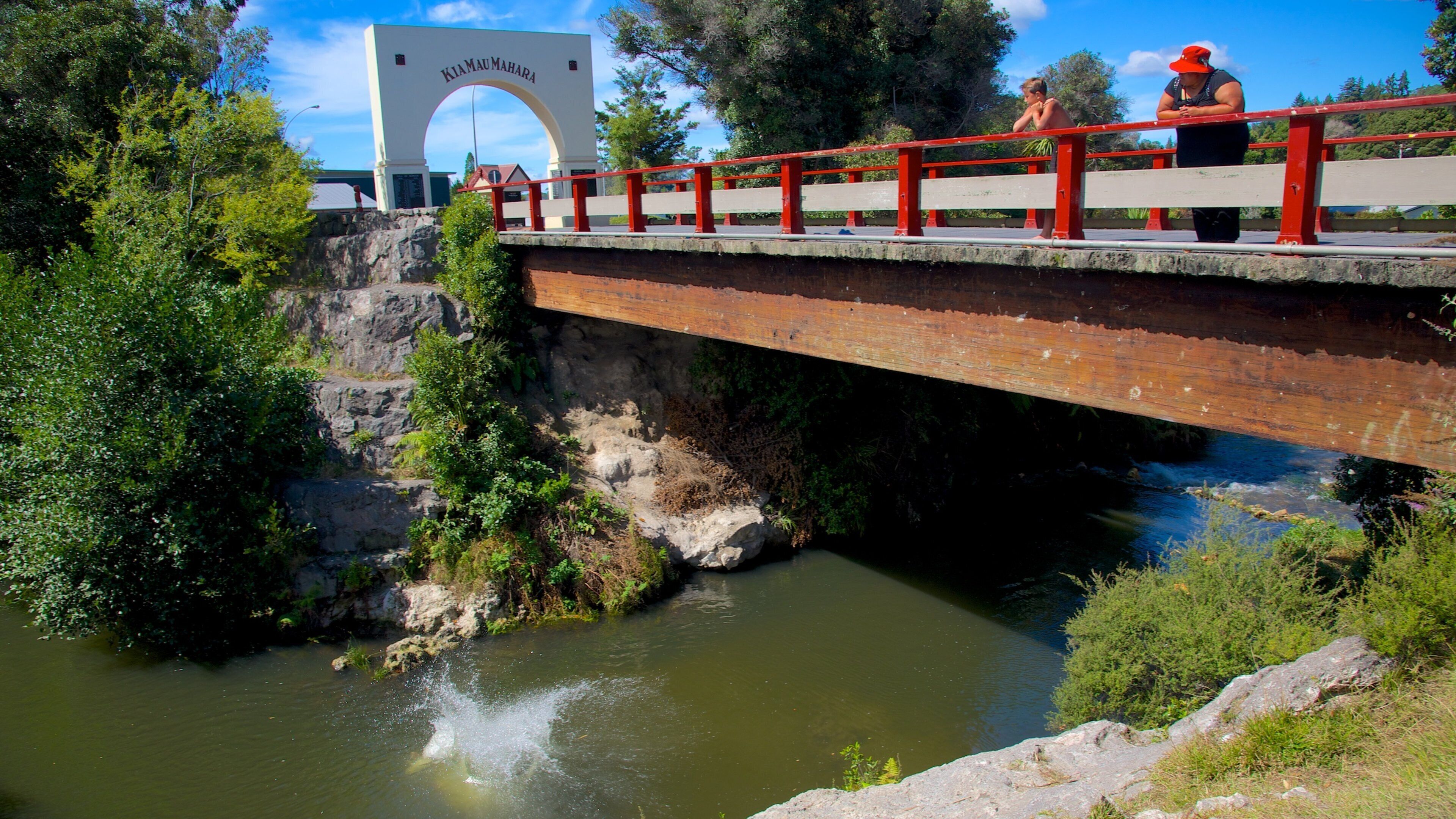 Whakarewarewa Thermal Reserve featuring a bridge and a river or creek as well as a small group of people