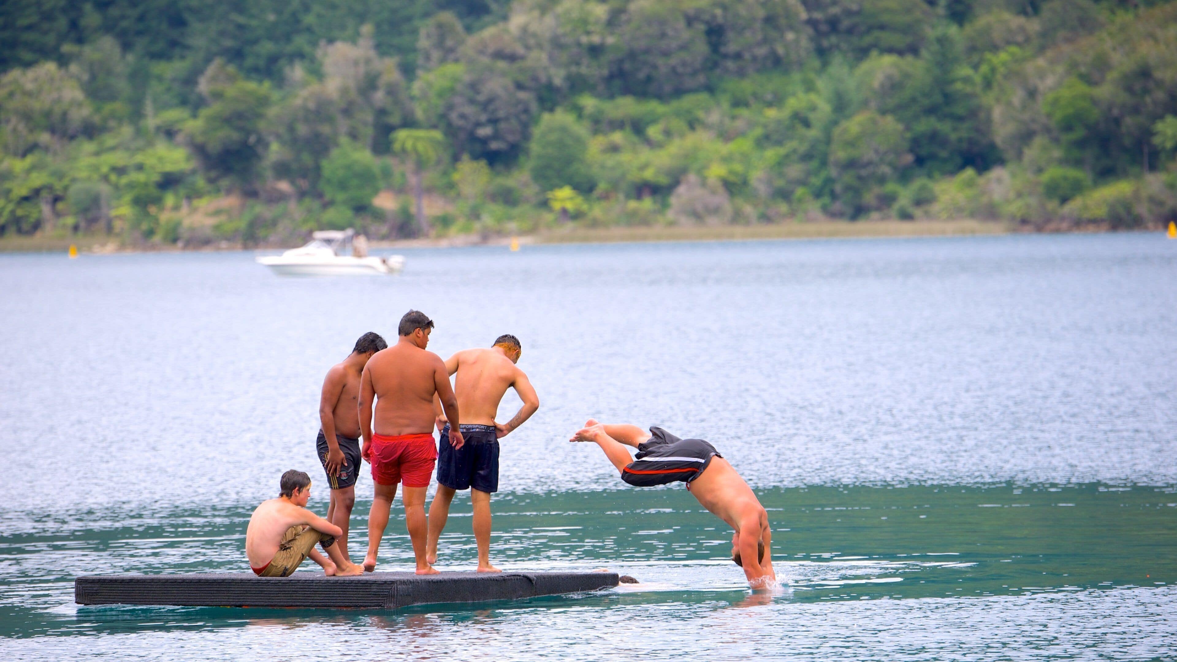 Rotorua showing a lake or waterhole as well as a small group of people