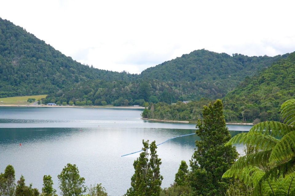 A lake surrounded by forested hills, with a clear sky.