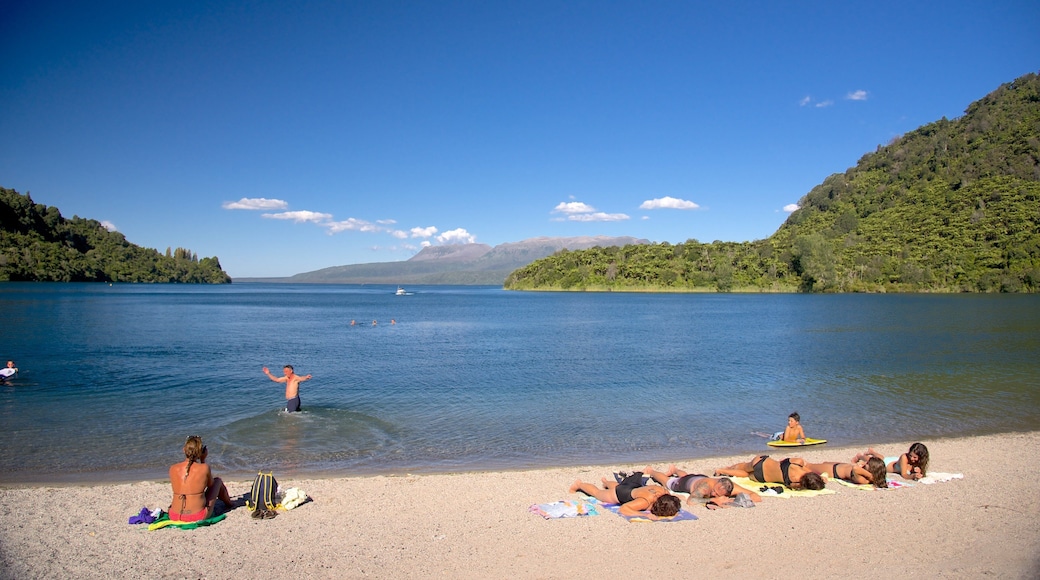 Lake Tarawera which includes a beach and swimming as well as a small group of people