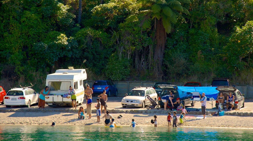 Lake Tarawera featuring a beach as well as a small group of people
