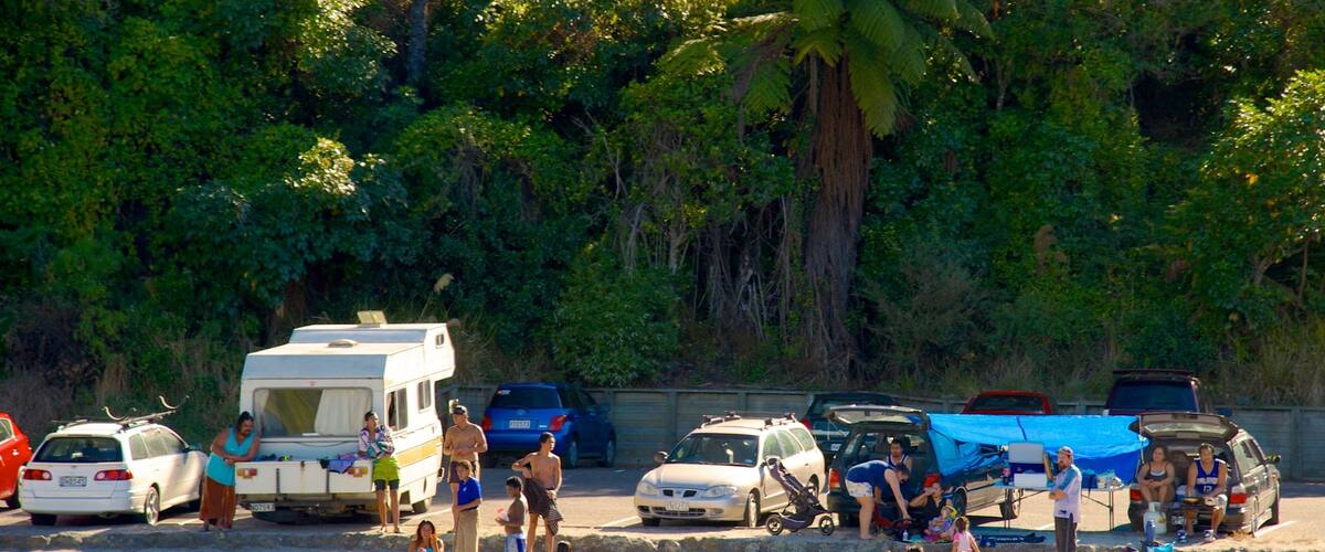 A beach with people, a caravan, and parked cars.