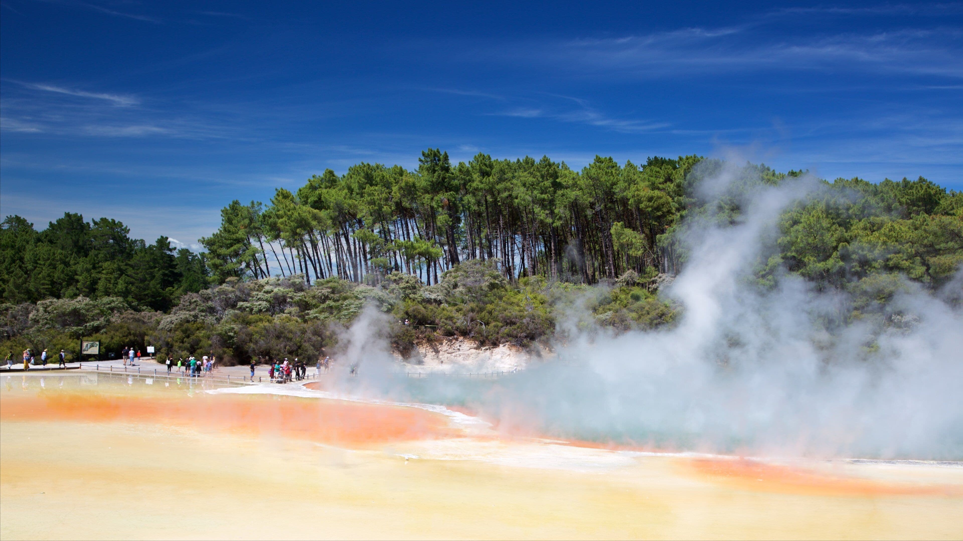 Wai-O-Tapu Thermal Wonderland som viser tåke, het kilde og innsjø