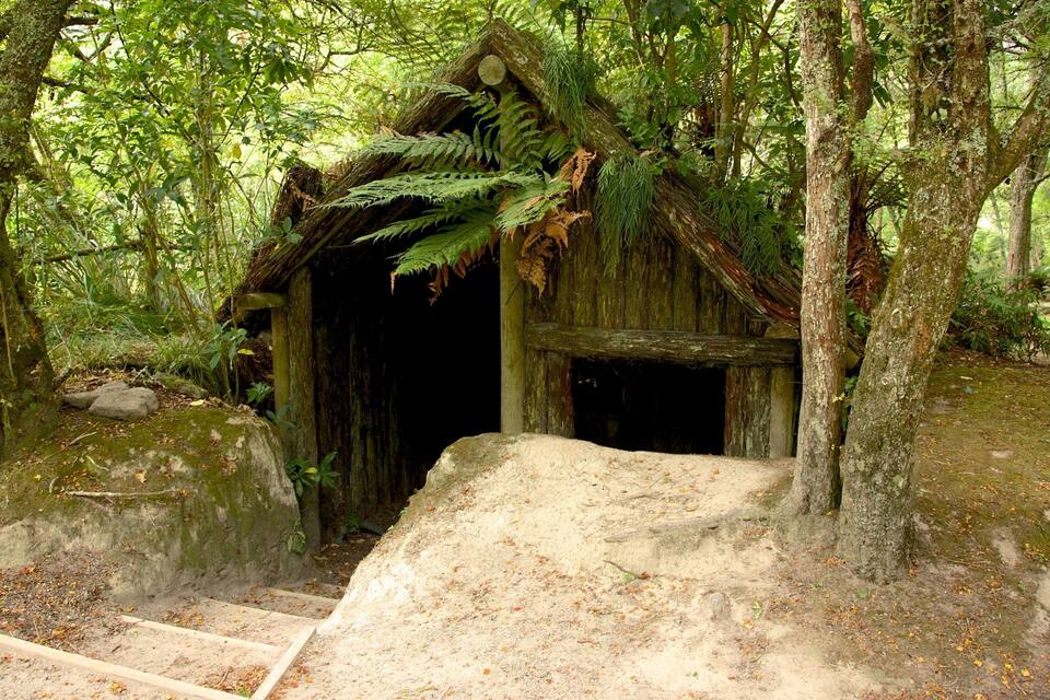 Una construcció de fusta rústica envoltada per un bosc dens.