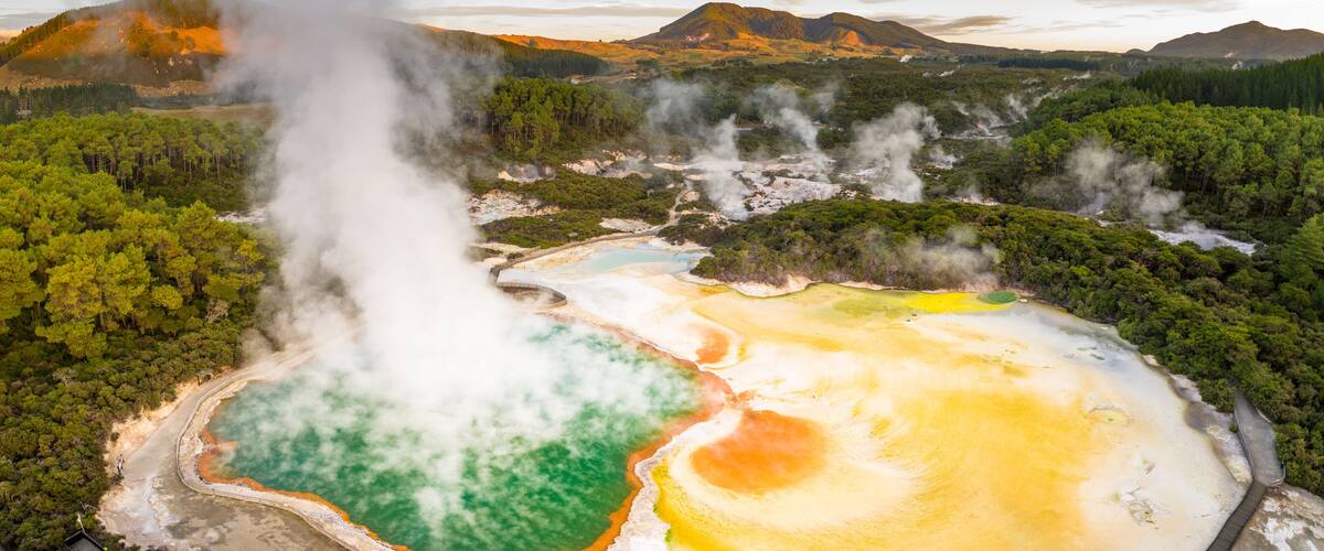 Geothermal Landscape with hot boiling mud and sulphur springs due to volcanic activity in Wai-O-Tapu, Thermal Wonderland New Zealand
