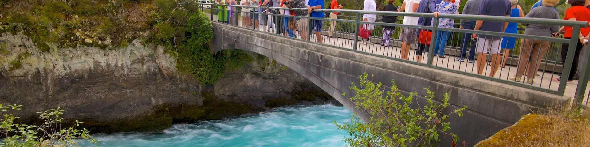 Huka Falls showing a bridge and rapids as well as a large group of people