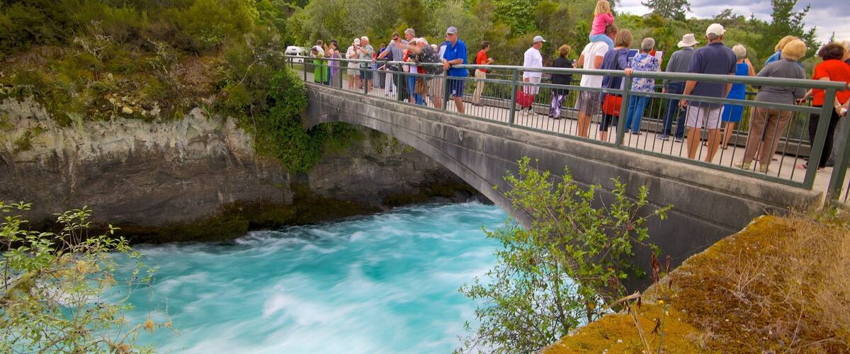 A bridge over a fast-flowing river surrounded by lush greenery.