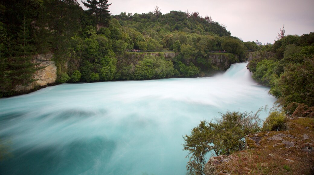 Huka Falls showing a sunset, a lake or waterhole and forest scenes