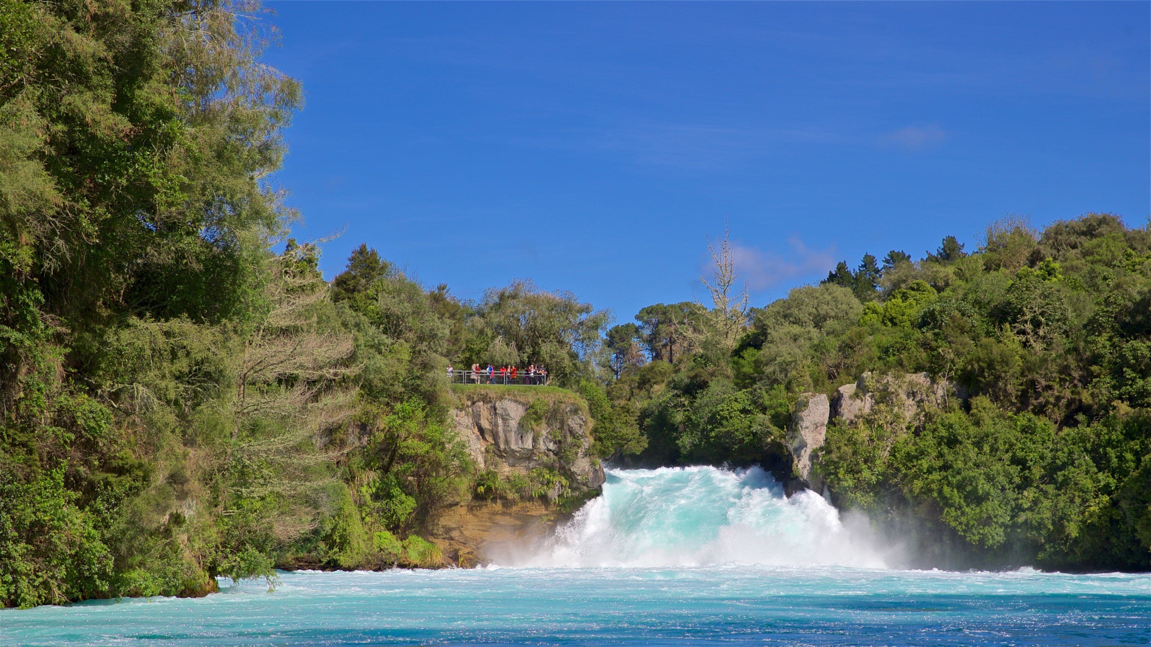 A waterfall cascading down a cliff surrounded by dense green foliage.