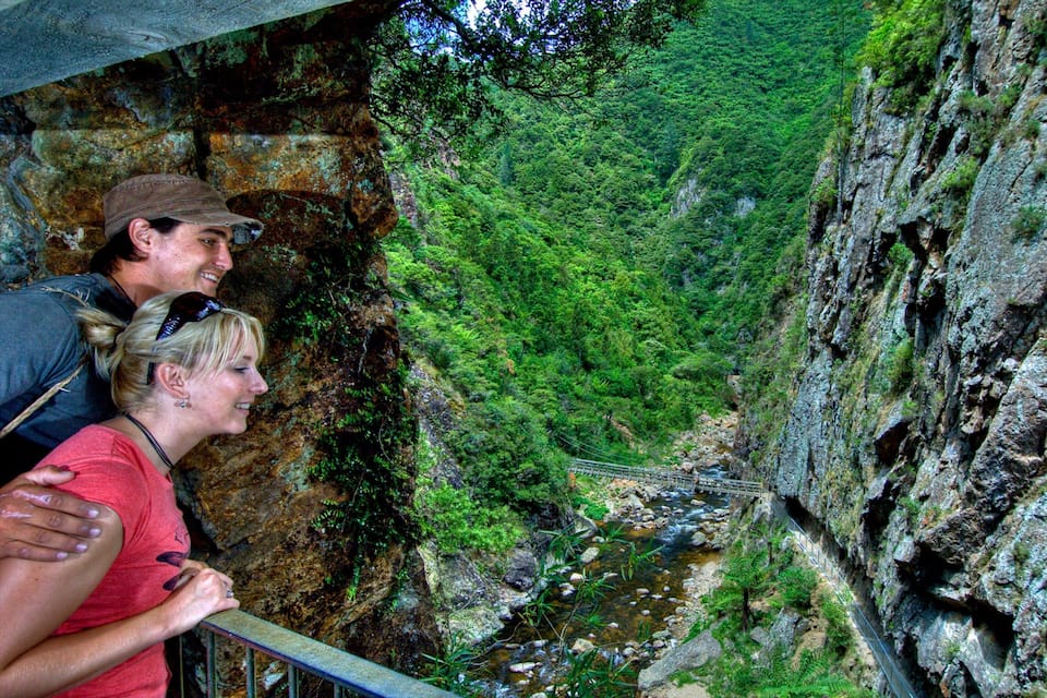 Eine Schlucht mit einem Fluss und einer Hängebrücke.