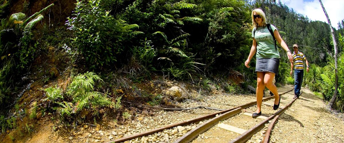 A woman and a child walking on a railway track surrounded by dense greenery.