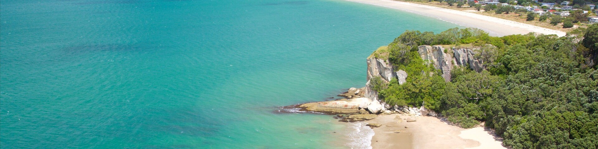Lonely Bay Beach showing a coastal town, a bay or harbor and rugged coastline