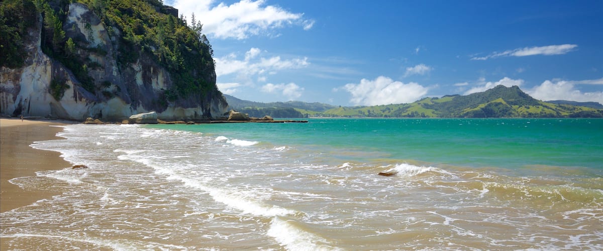Plage de Lonely Bay qui includes baie ou port, plage et côte escarpée