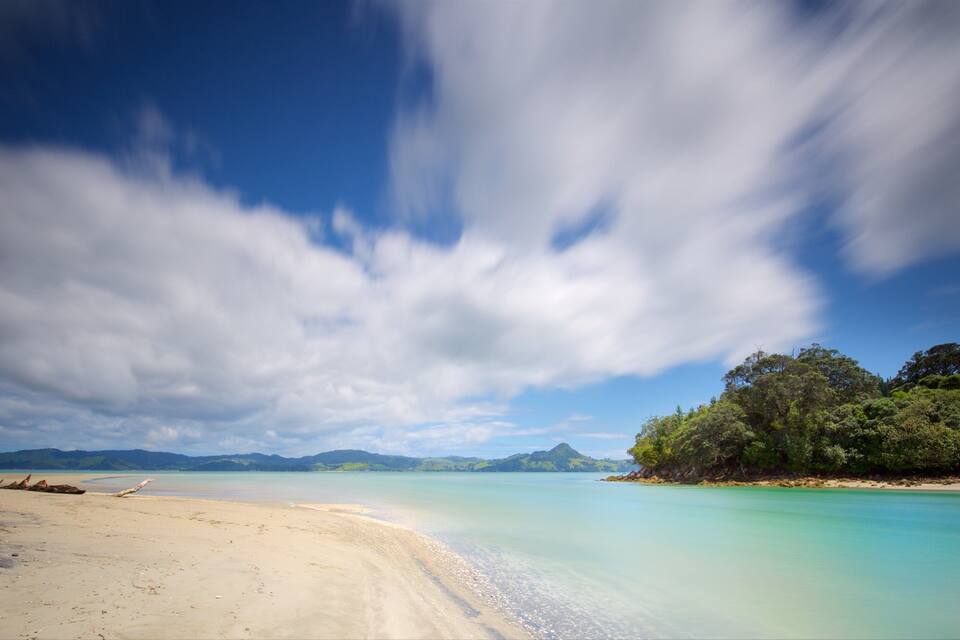A beach with clear turquoise water, a sandy shore, and a forested area with mountains in the background.