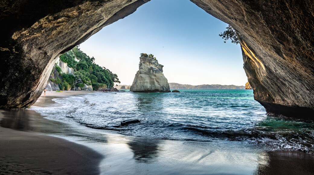Sunset at Cathedral Cove - view through the arch, Coromandel, New Zealand