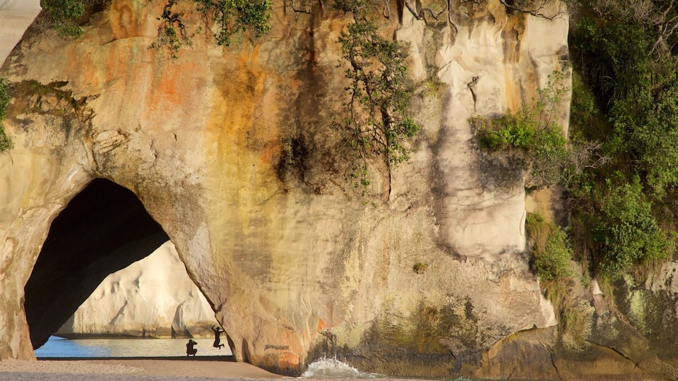 A large rock formation with a natural archway, a small pool of water, and some greenery.