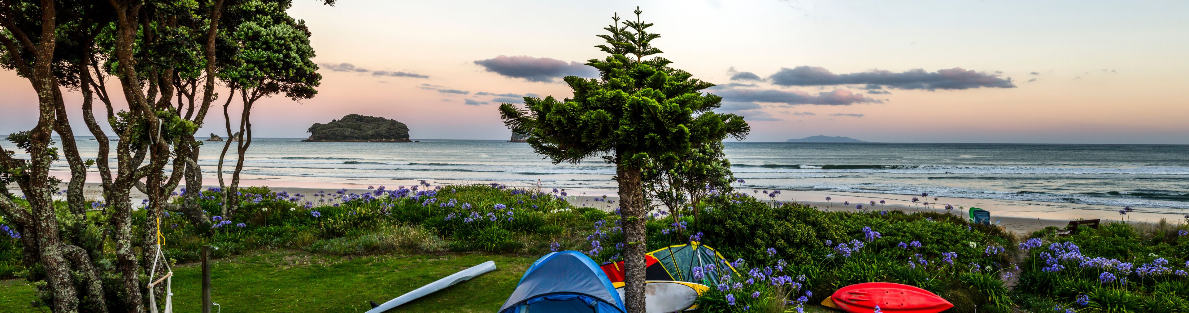 A beach with tents, a surfboard, and a distant island.