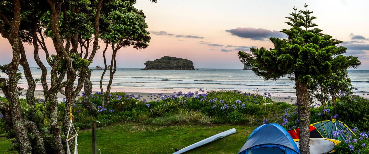 A beach with tents, a surfboard, and a distant island.