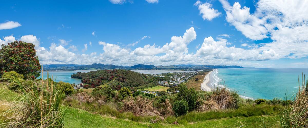 A coastal landscape with a beach, forested hills, and a clear blue sky.