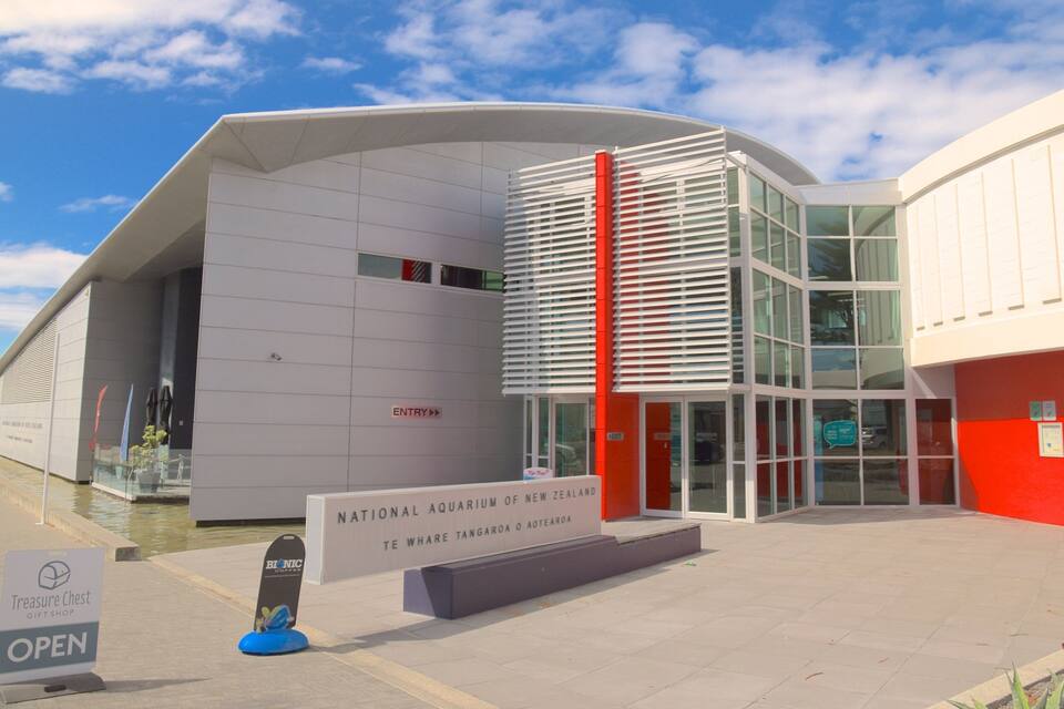 L’entrée de l’aquarium national de Nouvelle-Zélande, avec son design moderne, une enseigne indiquant l’emplacement de la boutique de souvenirs « Treasure Chest », et un ciel dégagé.