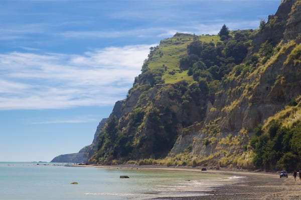 Cape Kidnappers qui includes cÎte escarpée, vues littorales et plage de sable