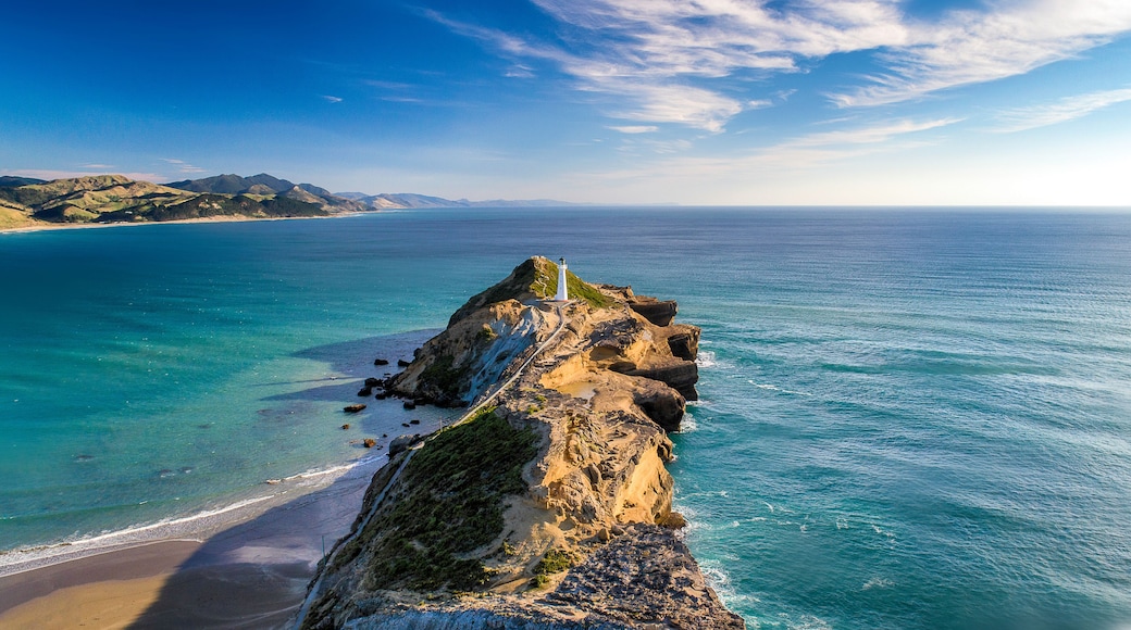 Castlepoint Lighthouse drone perspective on a summers day in New Zealand