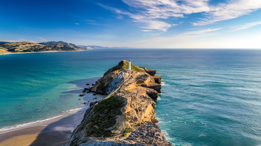 Castlepoint Lighthouse drone perspective on a summers day in New Zealand