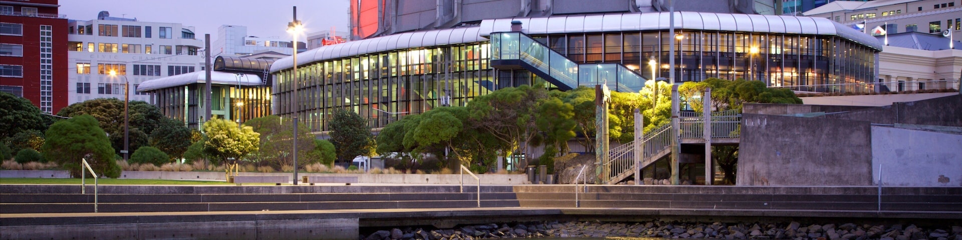 Michael Fowler Centre ofreciendo escenas de noche, una bahía o un puerto y una ciudad