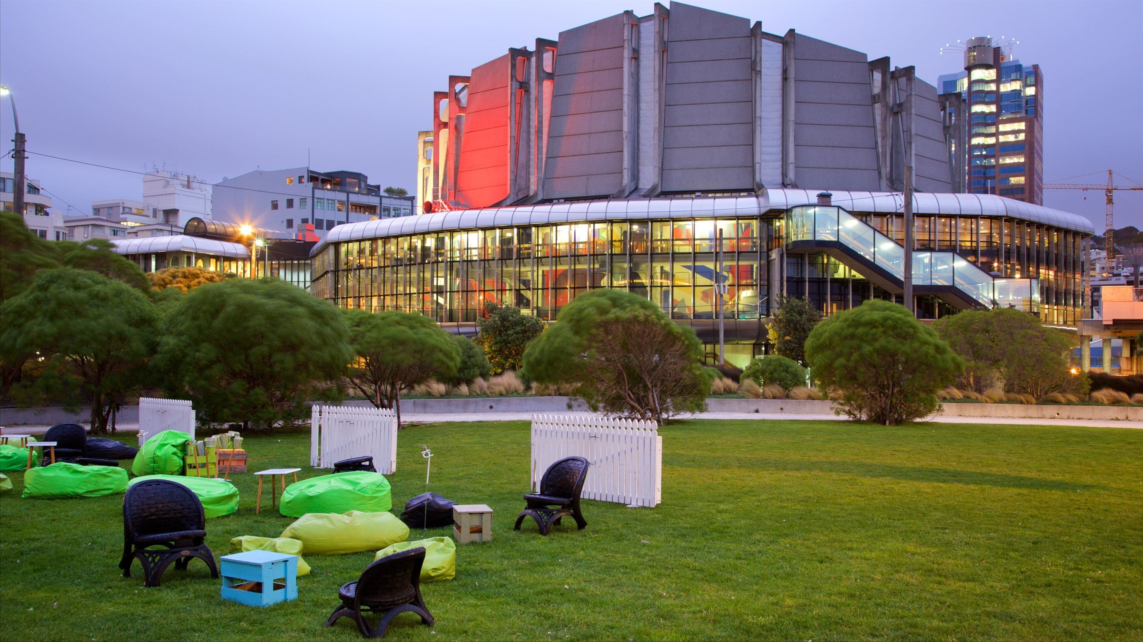 Michael Fowler Centre featuring modern architecture, night scenes and a garden